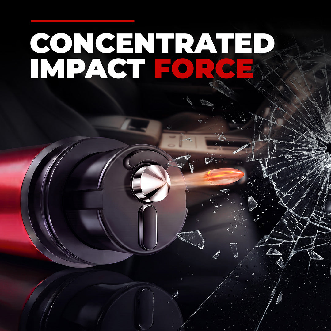 Flash Hammer tungsten pin shattering a car window with concentrated impact force