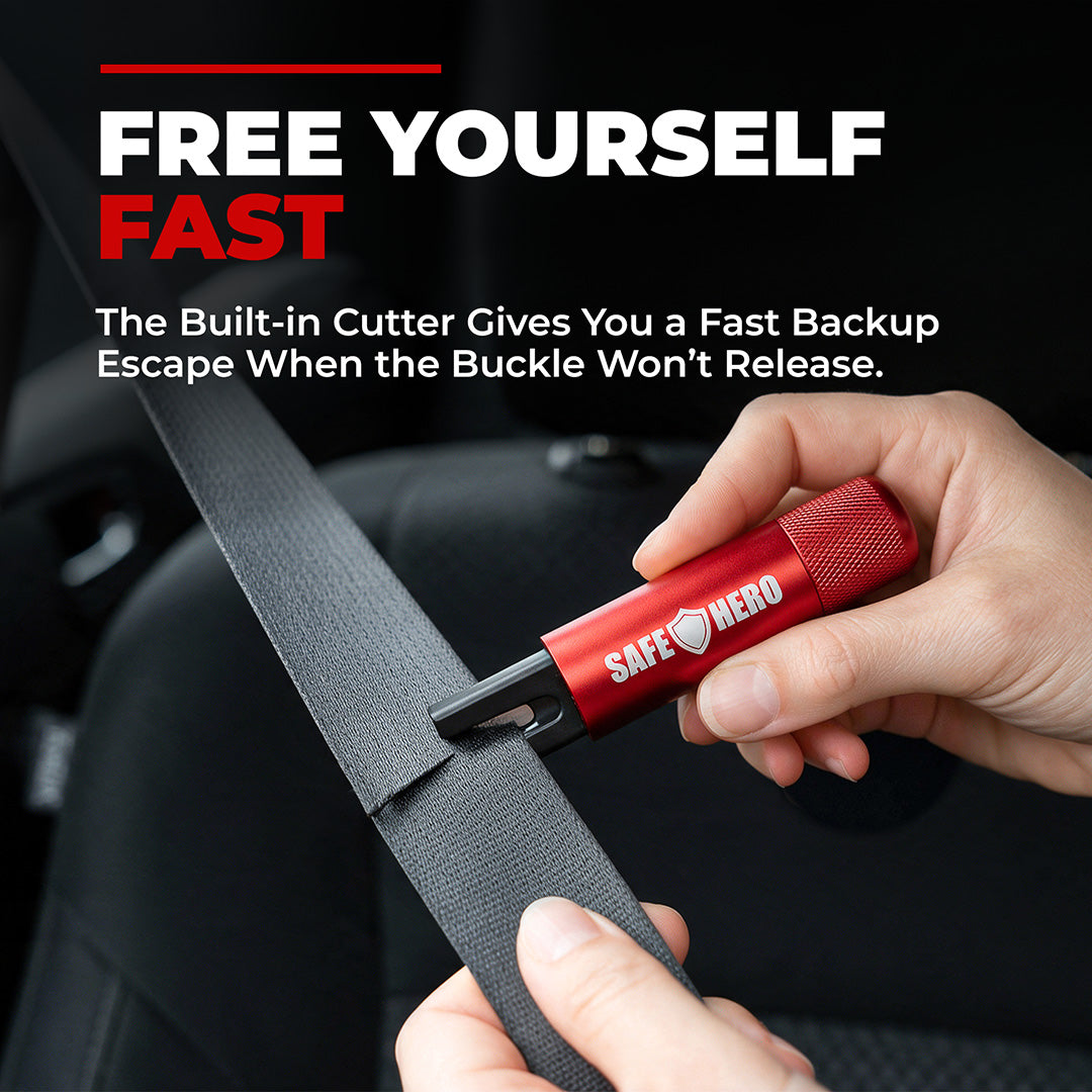 Safe Hero Flash Hammer seat belt cutter slicing through a jammed seat belt
